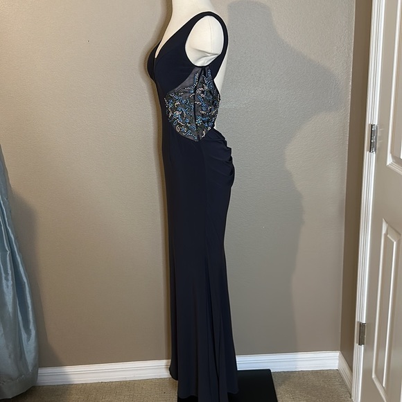 JOVANI Navy Plunging Neckline Gown with Gorgeous Rhinestone Detailing Size 2 - Picture 5 of 16